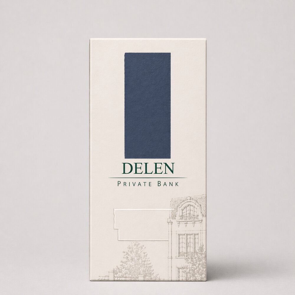 DELEN Private Bank branded candle packaging sleeve